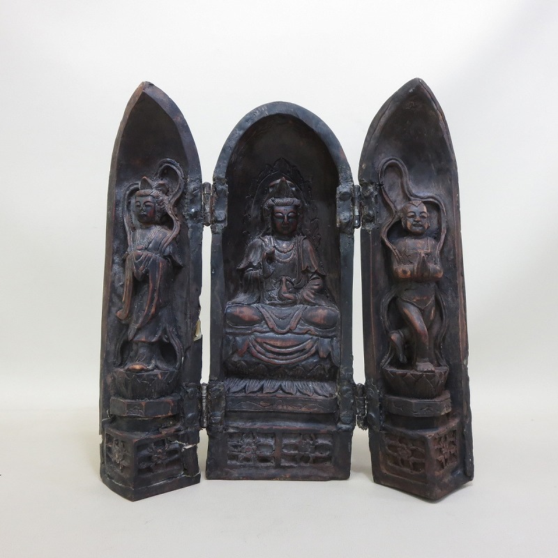 ◇三開仏 釈迦如来 三尊 円筒 仏龕 枕本尊 長期保管品◇動画入り◇6拍卖