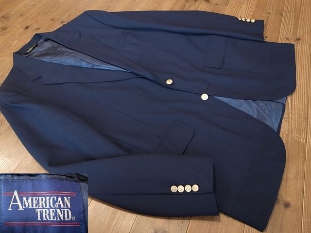USA製 AMERICAN TREND アメリカントレンド オールシーズン 2釦 紺 ブレザー 金釦 テーラード ジャケット アメリカ古着 サイズ 3XL 4L拍卖