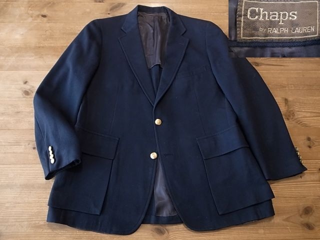 USA製 CHAPS ラルフローレン 80年代 ビンテージ 秋冬 ウール 2釦 紺 ブレザー 金釦 テーラード ジャケット アメリカ古着 サイズ L 相当 拍卖