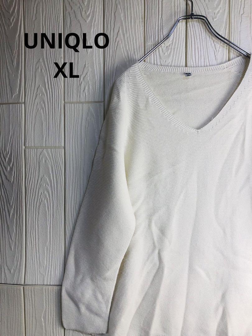 UNIQLO ホワイト Vネックセーター (長袖) XLサイズ拍卖