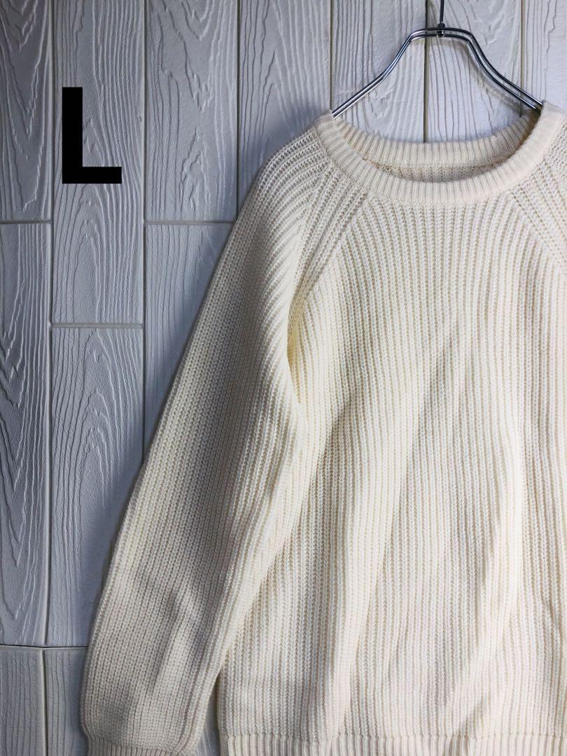 アイボリー リブ編み ニットセーター ハイゲージ オーバーサイズ L拍卖