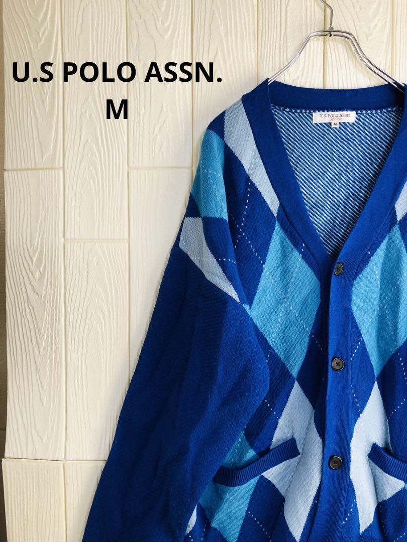 U.S POLO ASSN. 青系ダイヤモンドパターンカーディガン Mサイズ拍卖