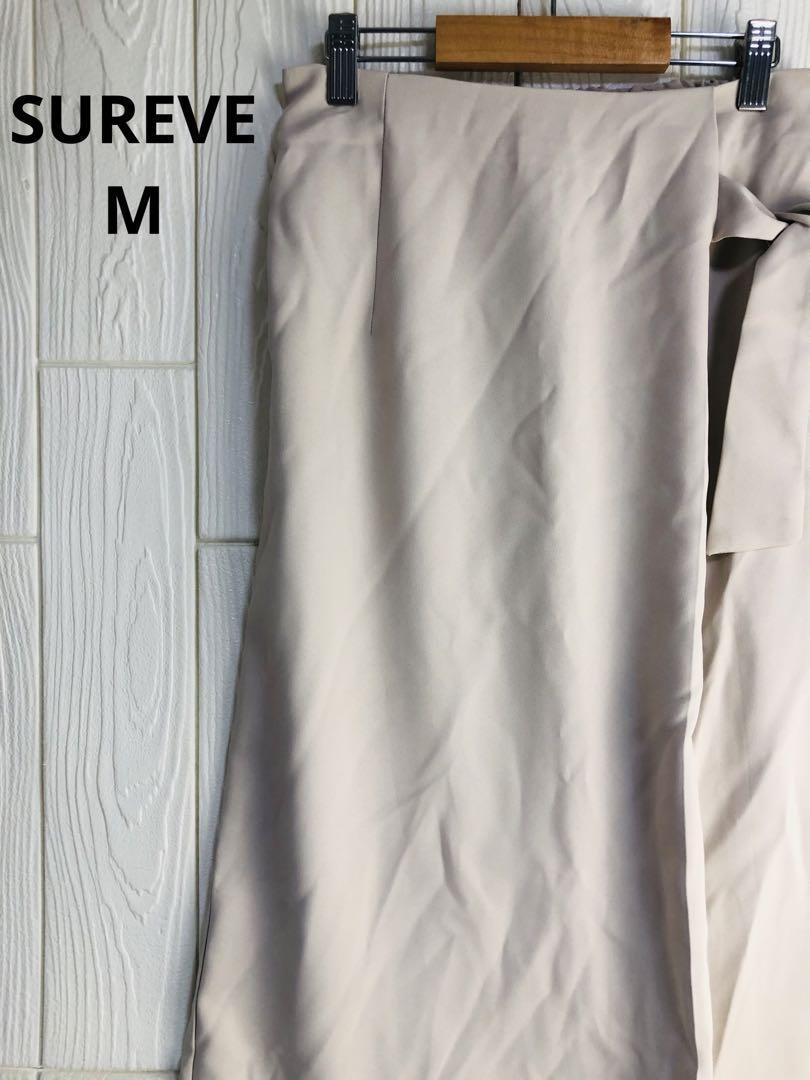 SUREVE ベージュ リボン付き タイトスカート ウエストゴム 68cm丈 M拍卖