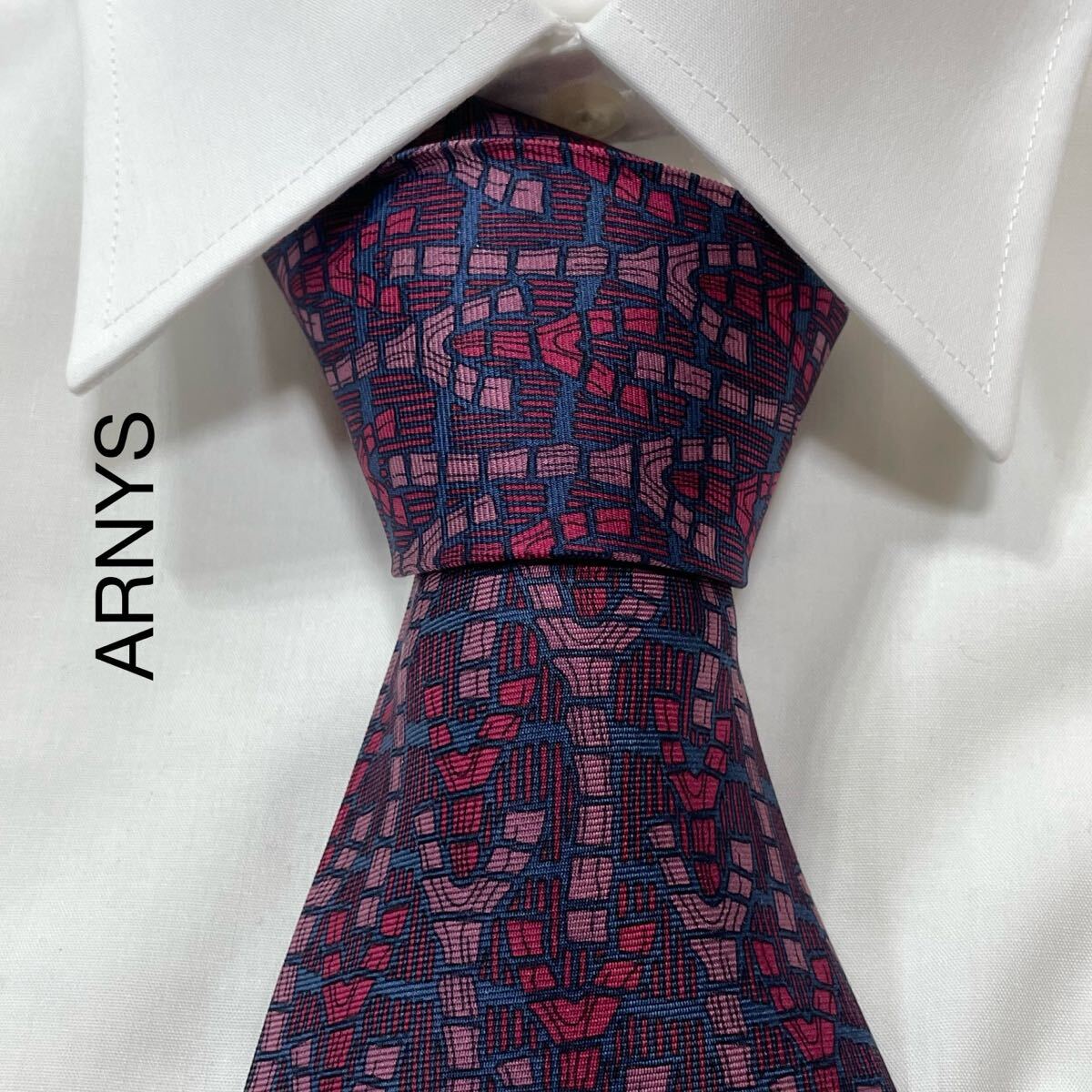 ARNYS アルニス ロゴ パターン柄 シルク ネクタイ ネイビー ワイン ピンク TG2814拍卖