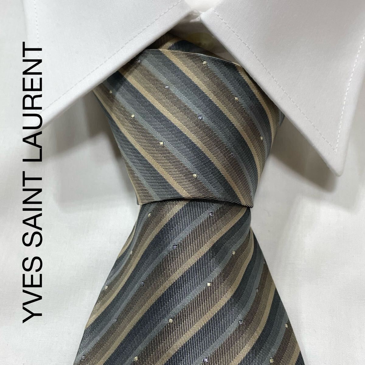 YVES SAINT LAURENT イヴサンローラン ドット ストライプ シルク ネクタイ ブラウン ブルーグレー TG2822拍卖