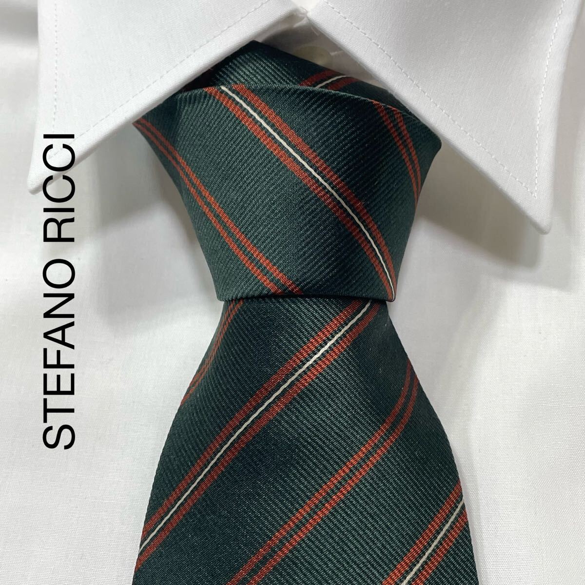 STEFANO RICCI ステファノリッチ レジメンタル ストライプ シルク ネクタイ グリーン オレンジ シルバー TG2833拍卖
