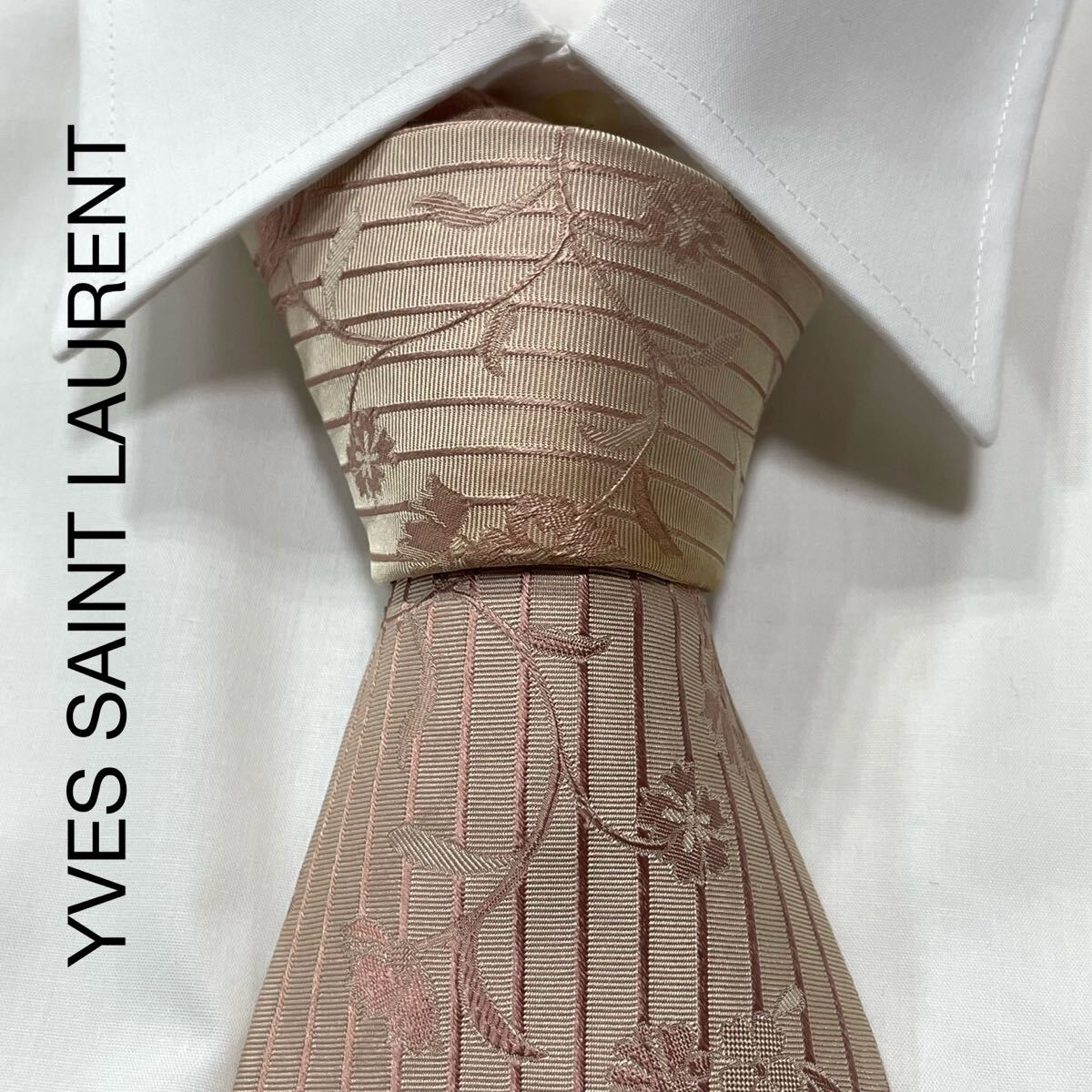 YVES SAINT LAURENT イヴサンローラン ボタニカル ストライプ ジャガード シルク ネクタイ ピンク TG2899拍卖