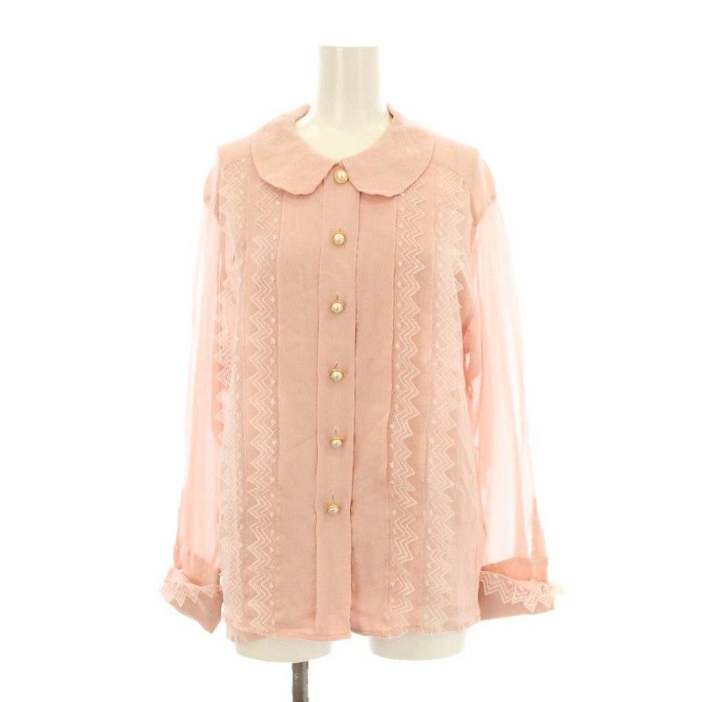 シャネル BOUTIQUE シャツ ブラウス 長袖 シフォン シアー レース フェイクパールボタン シルク インナーキャミ付き ピンク拍卖