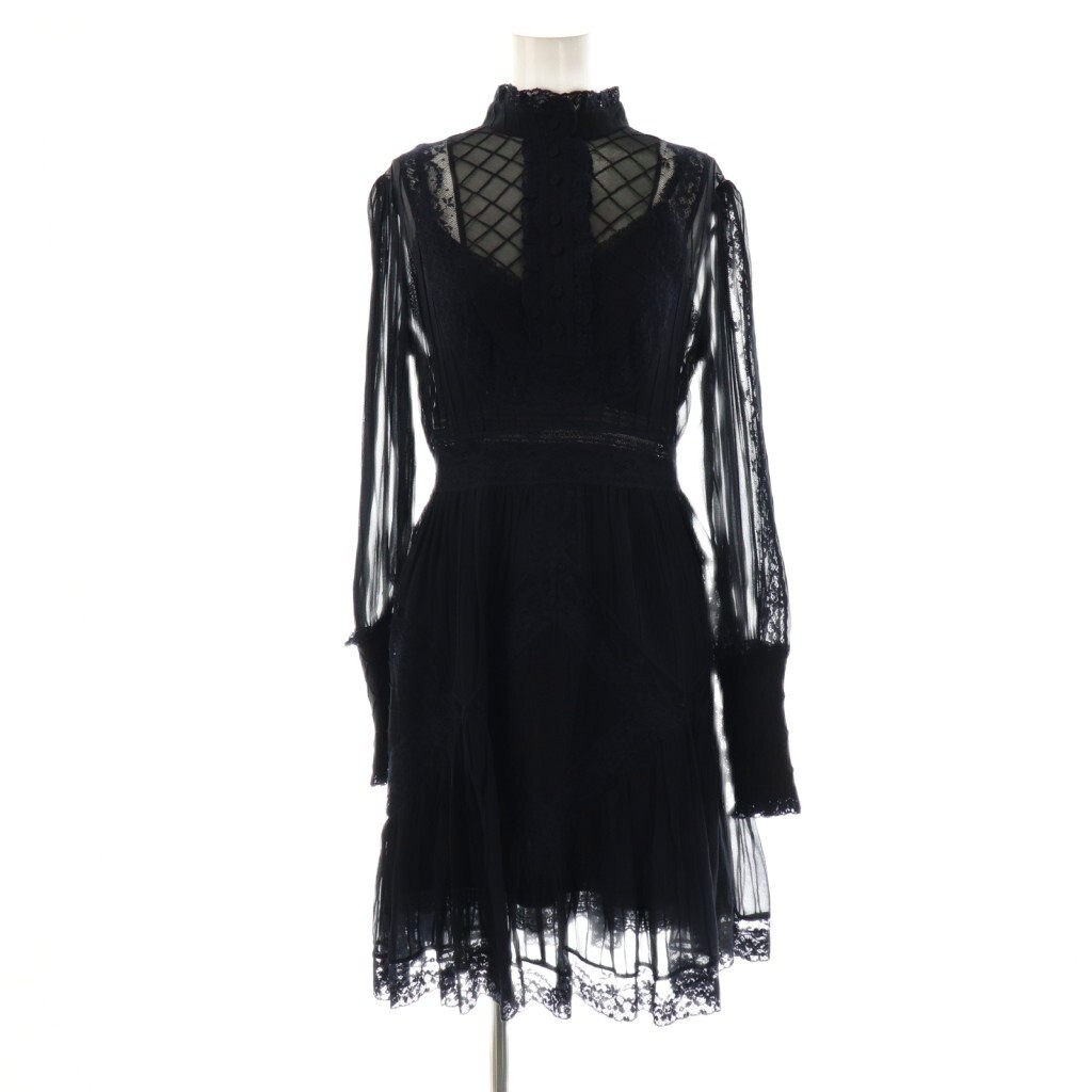 ジマーマン Zimmermann レース装飾スタンドカラーシルクワンピース ひざ丈 0 ネイビー /DF ■OS レディース拍卖