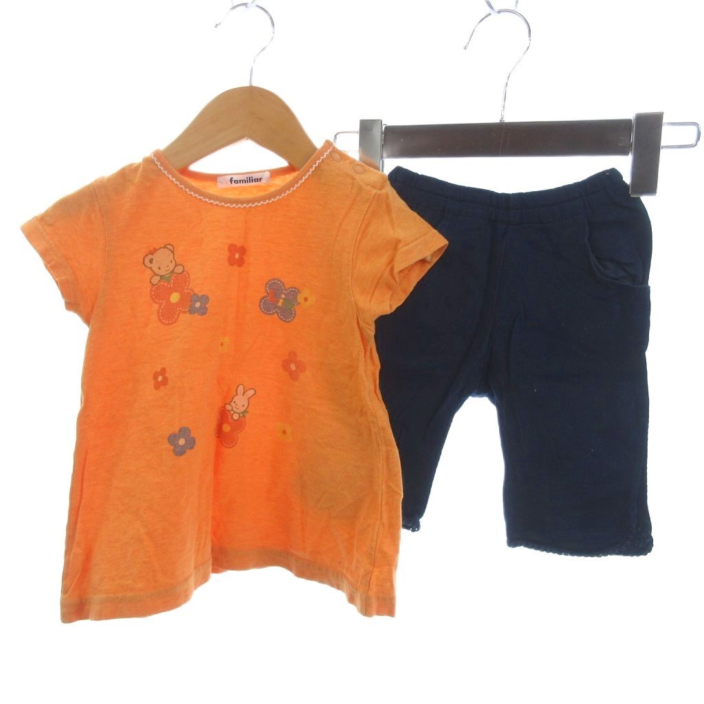 ファミリア Familiar 2点 セット まとめ Tシャツ 半袖 カットソー パンツ レース 90 オレンジ 紺 ネイビー キッズ拍卖