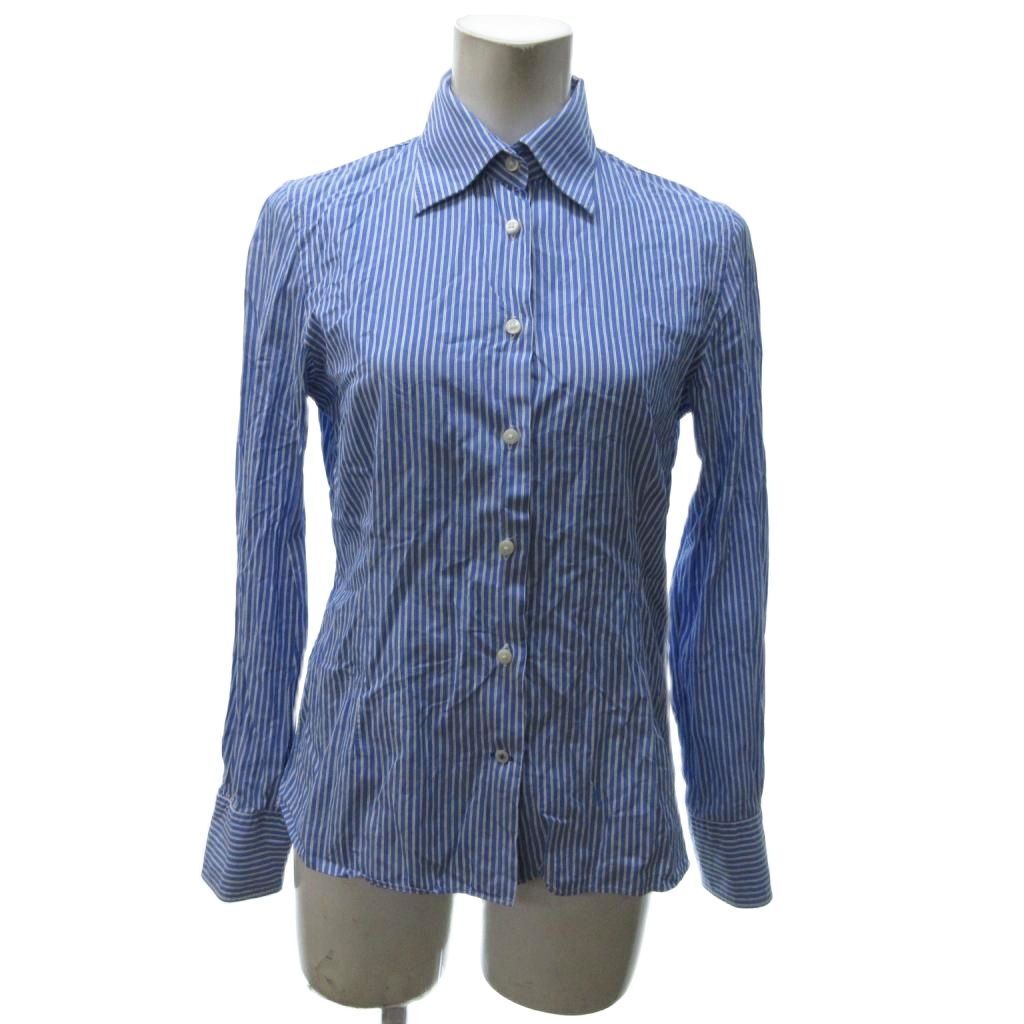 トゥモローランドコレクション TOMORROWLAND collection ストライプブラウス ワイシャツ 長袖 コットン 青 ブルー 38 約M拍卖