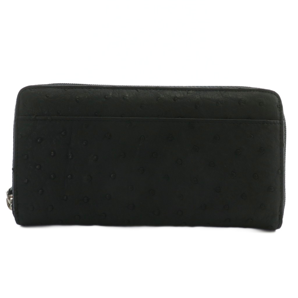 ノーブランド 長財布 オーストリッチ レザー ラウンドファスナー 黒 ブラック /XZ ■GY11 メンズ拍卖