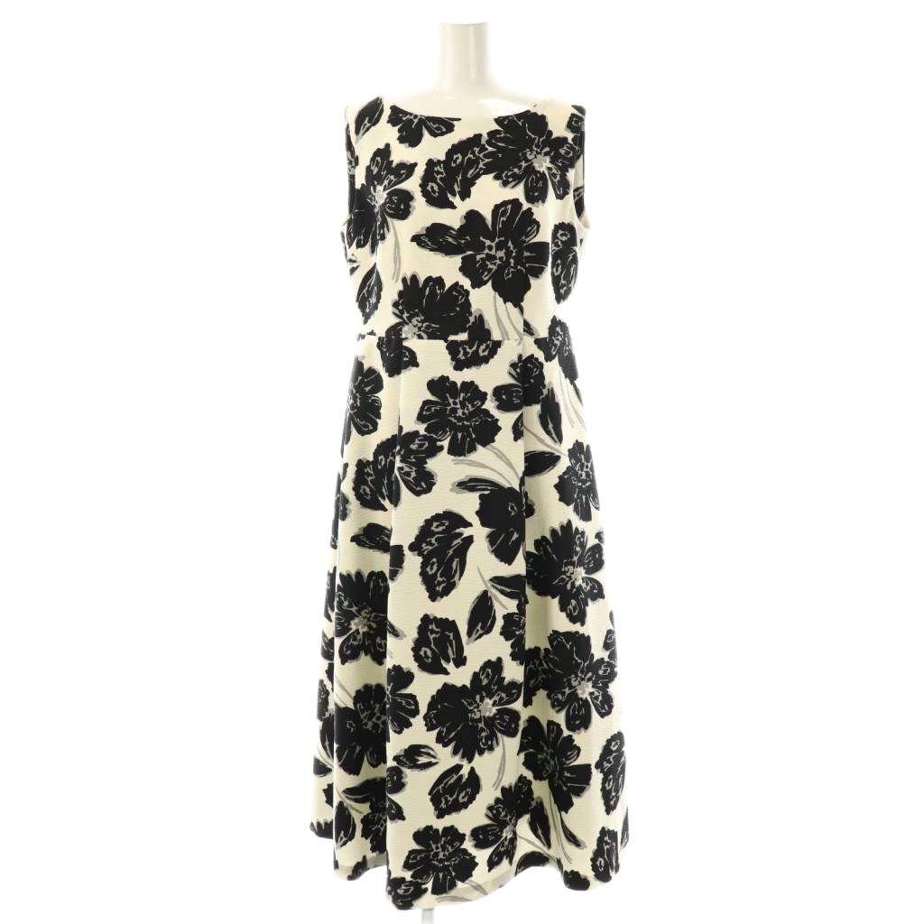 未使用品 アンタイトル 近年モデル ボタニカルプリントフィット&フレアワンピース ロング ノースリーブ 2 オフホワイト ブラック拍卖