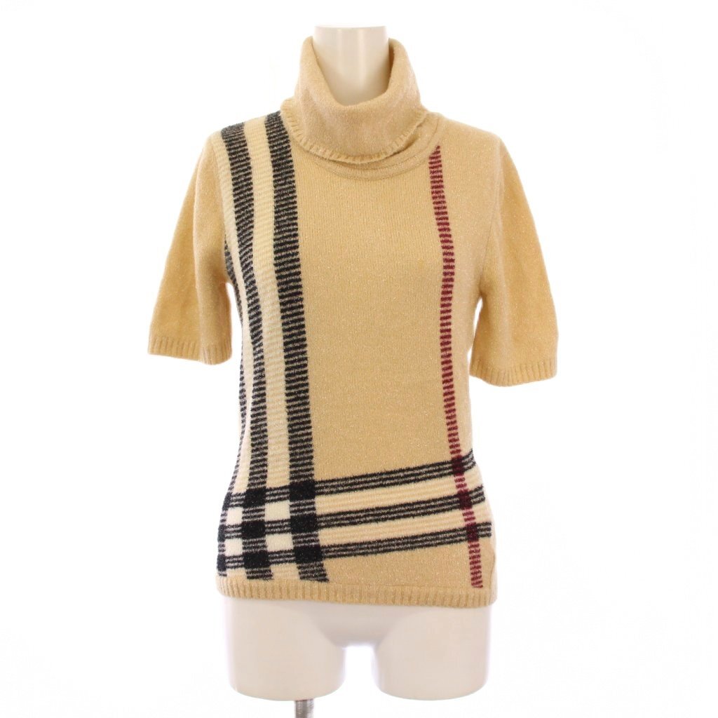 バーバリー ロンドン BURBERRY LONDON ニット 半袖 タートルネック ストレッチ チェック柄 1 ベージュ /BB レディース拍卖