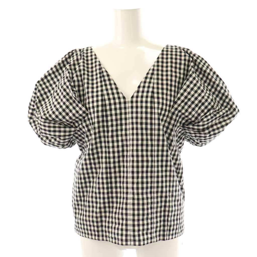 ツルバイマリコオイカワ TSURU By MARIKO OIKAWA ギンガムチェック Vネック ブラウス 半袖 プルオーバー F 黒 白 /NR ■OS レディース拍卖