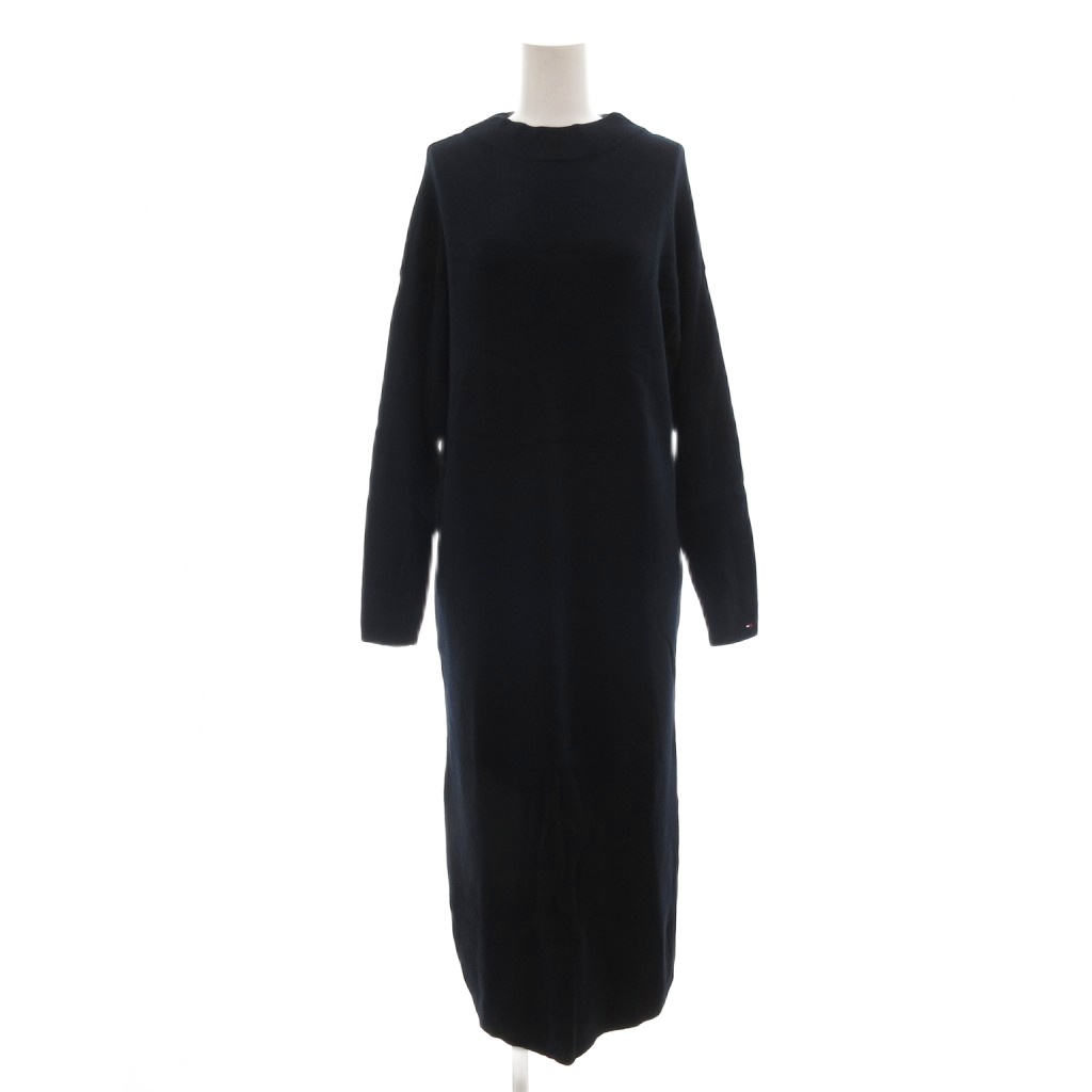 トミーヒルフィガー TOMMY HILFIGER ワンピース ニット ハイネック 刺繍 長袖 マキシ ロング XS 紺 ネイビー /AE レディース拍卖