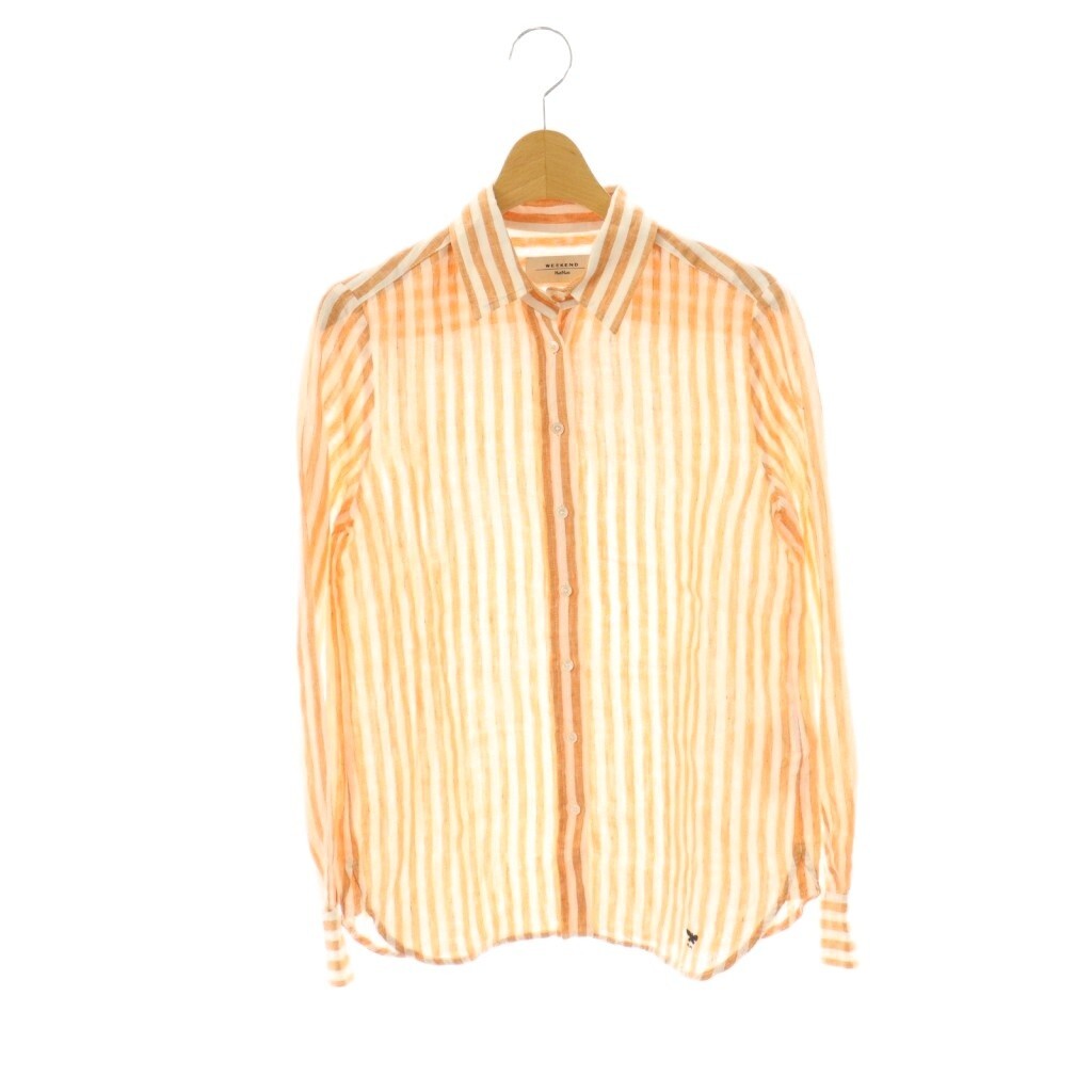マックスマーラ ウィークエンドライン MAX MARA WEEKEND LINE リネンストライプ長袖シャツ スタンドカラー 34 白 ホワイト オレンジ拍卖