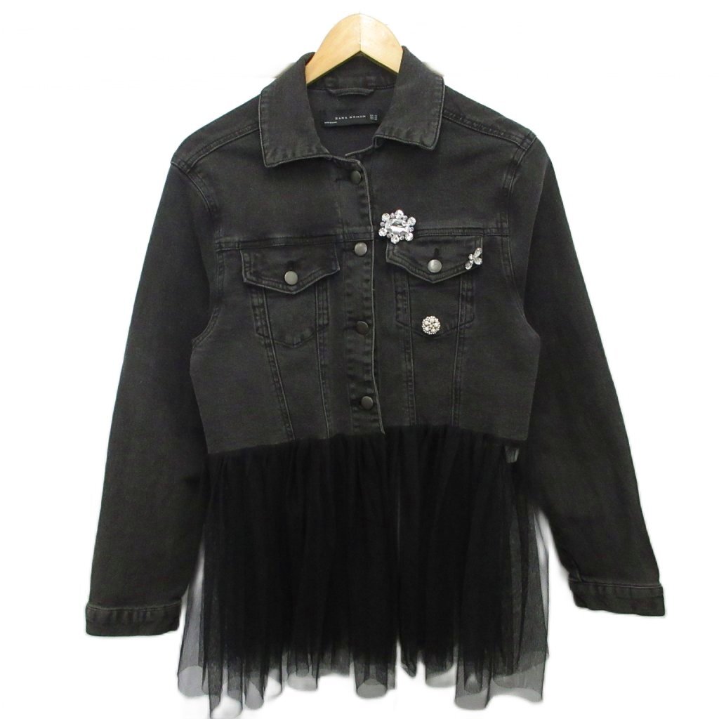 ザラウーマン ZARA WOMAN デニムジャケット Gジャン ドッキング レース ビジュー XS 黒 ブラック 3305/050/800 レディース拍卖