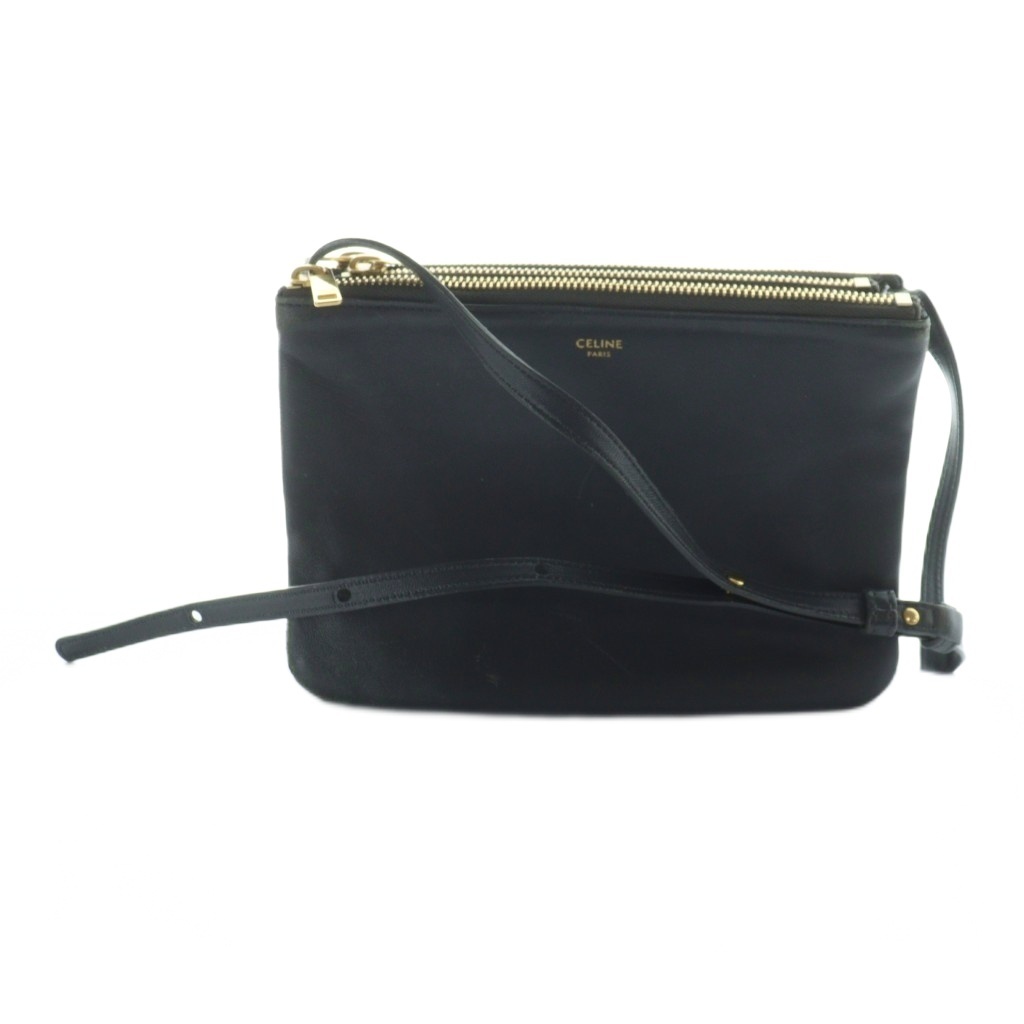 セリーヌ CELINE トリオ ショルダーバッグ 斜めがけ レザー スムースラムスキン ロゴ ゴールド金具 グレー /MQ ■OH レディース拍卖