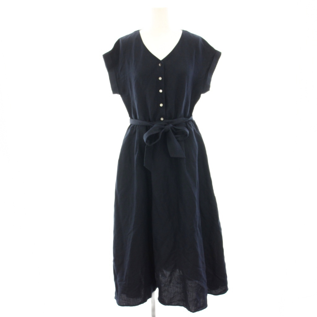 シップス SHIPS Vネックフレアロングワンピース マキシ 麻 リネン混 半袖 38 紺 ネイビー 314-52-2087 /HN レディース拍卖