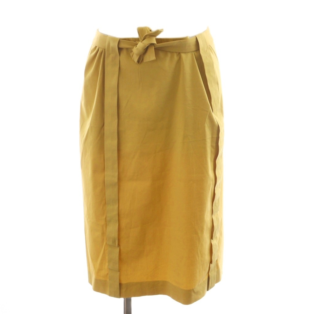 プラダ PRADA タイトスカート ひざ丈 コットン リボン付き 42 黄 イエロー /AN46 レディース拍卖