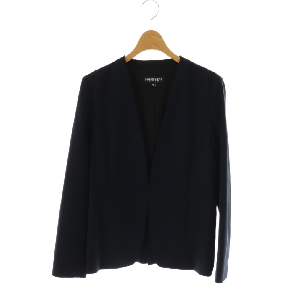 インディヴィ INDIVI ストレッチノーカラージャケット 38 紺 ネイビー /AT ■OS レディース拍卖