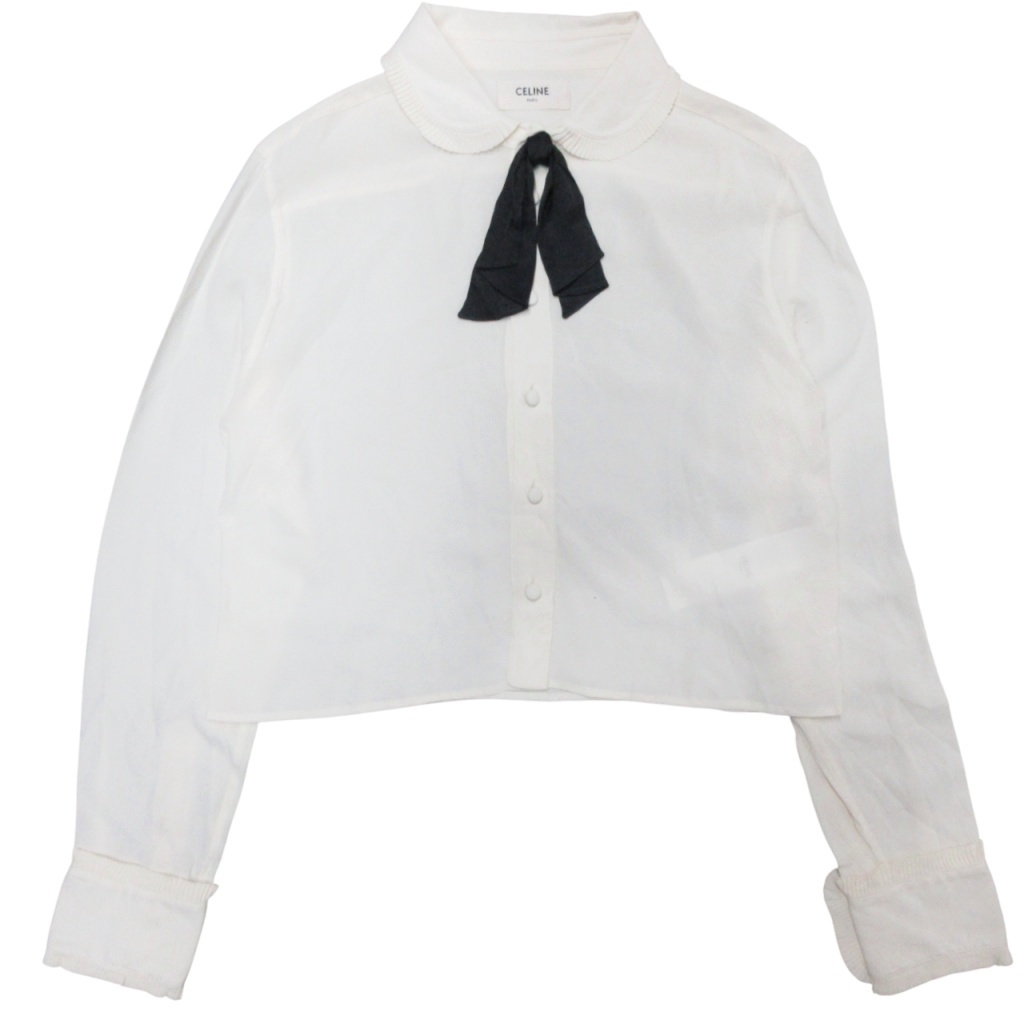 セリーヌ CELINE 23AW ROMY CROPPED SILK SHIRT クロップド シルクシャツ ブラウス リボン 短丈 長袖 国内正規 白 ホワイト 38 ■MNK1拍卖