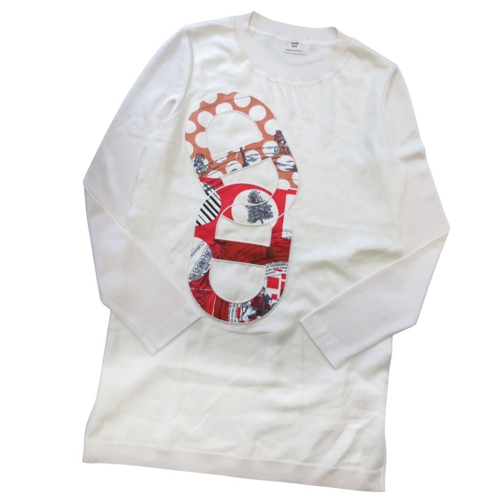 エルメス HERMES 美品 2022SS TWILL LANE ツイルレーヌ シェーヌダンクル カットソー ニット シルク 長袖 国内正規 ホワイト 34 ■MNK1拍卖