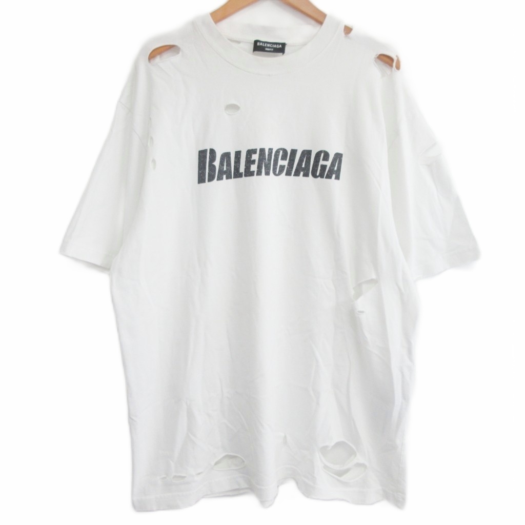 バレンシアガ BALENCIAGA 21SS Caps Destroyed Flatground Tee デストロイ ロゴプリント Tシャツ ダメージ加工 半袖 XS ホワイト ■MNK1拍卖