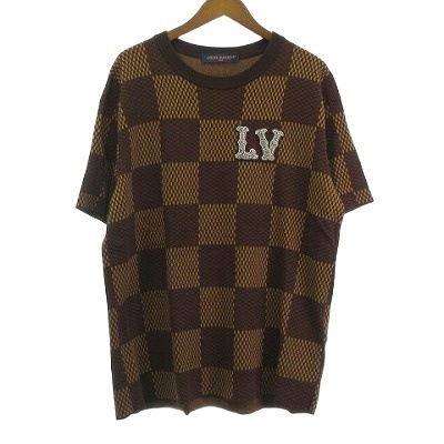 ルイヴィトン LOUIS VUITTON 美品 24SS ダミエ ウィズストラス LVパッチ ニット Tシャツ カットソー 半袖 ブラウン L拍卖