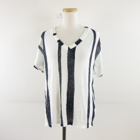 ギャルリーヴィー GALERIE VIE トゥモローランド Vネックカットソー フレンチスリーブ ストライプ 白 紺 S *A886 レディース拍卖