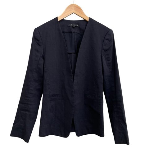 セオリー Theory ノーカラージャケット V字 麻混 ストレッチ ボタンレス ネイビー サイズ0 S相当 レディース拍卖