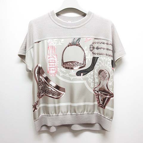 エルメス HERMES Starrups ツイルレーヌ ニット セーター シルク 切替え カシミヤ混 半袖 34 グレージュ 4E2815DD スカーフ柄 正規品拍卖