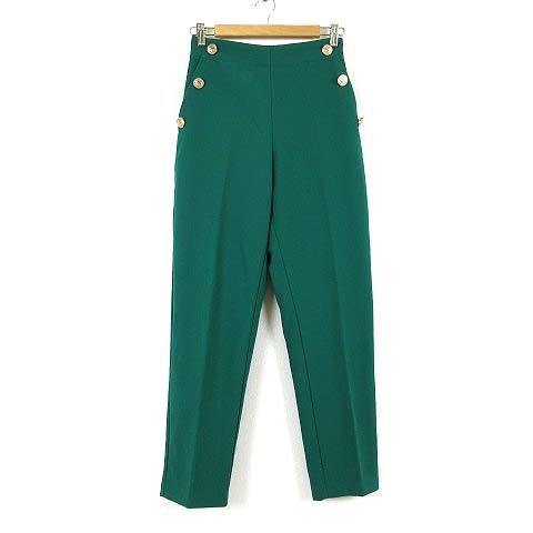 ザラ ZARA パンツ ストレートフィット ゴールドボタン センタープレス ストレッチ XS 緑 グリーン レディース拍卖