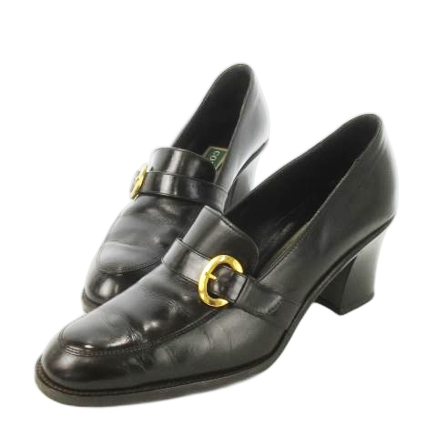 コールハーン COLE HAAN パンプス ローファーデザイン ハイヒール チャンキーヒール ベルト レザー 革 7 24.0cm 茶 ブラウン拍卖