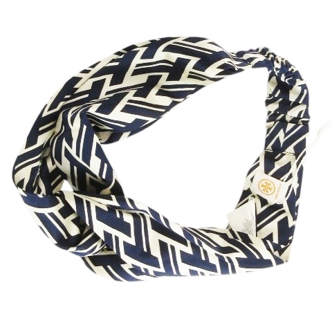 未使用品 トリーバーチ TORY BURCH T LATTICE SILK HEADBAND ヘッドバンド ヘアバンド クロスデザイン T柄 シルク 絹 紺拍卖