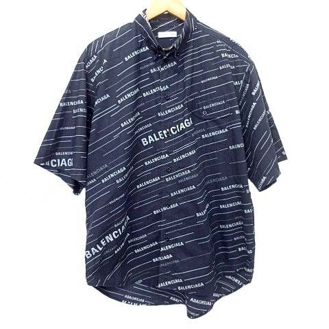 バレンシアガ BALENCIAGA 国内正規 総柄 ロゴ ボタンダウン シャツ 半袖 556242 36 黒 ブラック ☆AA★ A0912 メンズ拍卖