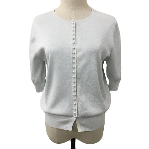 ビアッジョブルー Viaggio Blu カーディガン ニット ラウンドネック パール ラメ 五分袖 4 グレー 白 ホワイト レディース拍卖
