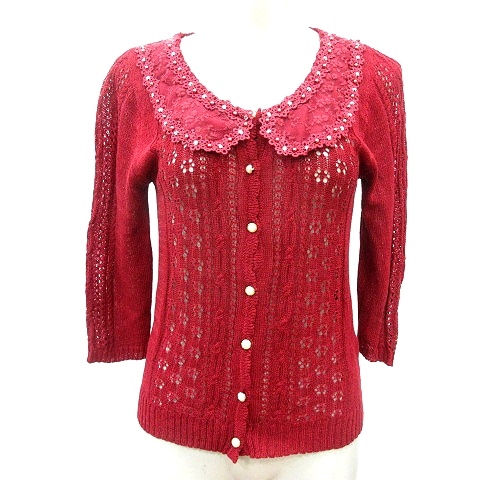 アクシーズファム axes femme カーディガン ニット レース ラインストーン M 赤 レッド /MN レディース拍卖