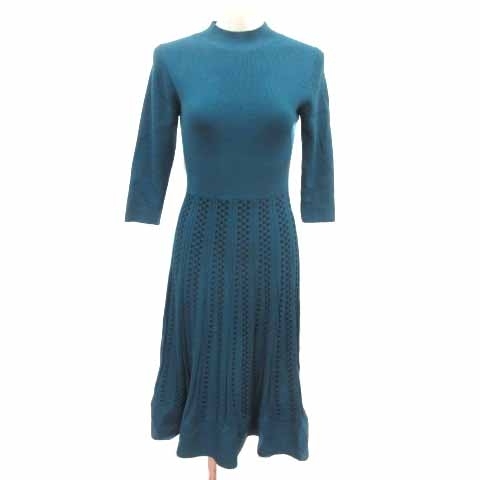 ビアッジョブルー Viaggio Blu ワンピース フレア ひざ丈 ニット ハイネック 長袖 1 S 青緑 ブルー グリーン /YK レディース拍卖
