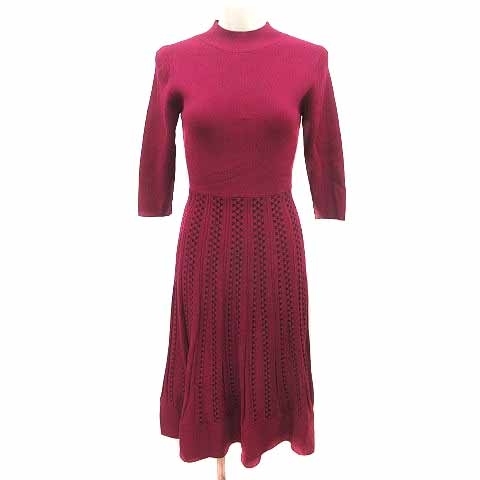 ビアッジョブルー Viaggio Blu ワンピース フレア ひざ丈 ニット ハイネック 長袖 1 S 赤紫 レッド パープル /YK レディース拍卖