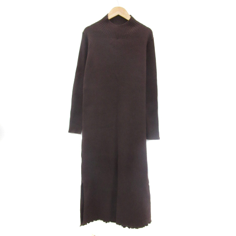 ヘザー Heather リブニットワンピース ロング丈 長袖 ボトルネック 無地 F 茶 ブラウン /YS12 レディース拍卖