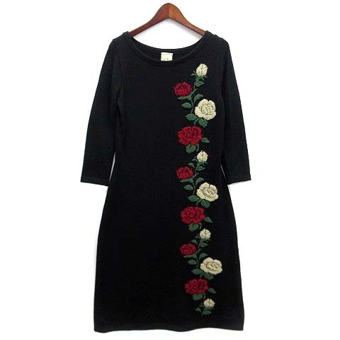 シビラ SYBILLA ニット エンブロイダリー ワンピース バラ柄 刺繍 ブラック 黒 M レディース拍卖