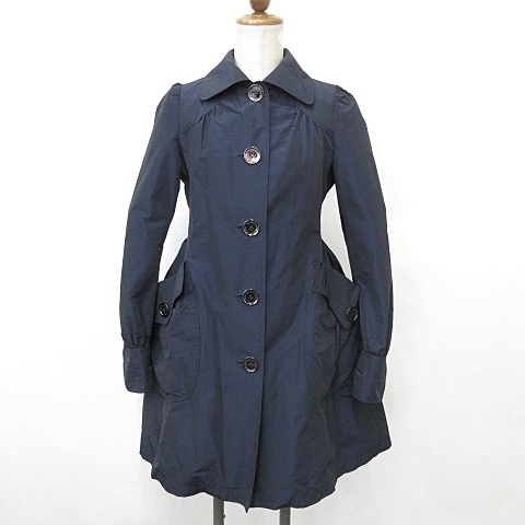 バーバリーブルーレーベル BURBERRY BLUE LABEL コート ステンカラー 切替 ギャザー ベルト 裏チェック 紺 ネイビー 38 レディース拍卖