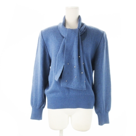 レリアン Leilian ニット セーター マフラー付き 長袖 パールビーズ刺繍 ラム アンゴラ 大きいサイズ 13+ 青 ブルー /CK34拍卖