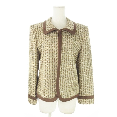 レリアン Leilian ツイードジャケット ステンカラー 絹 シルク混 11 茶 ブラウン /AO1 ■GY44 レディース拍卖