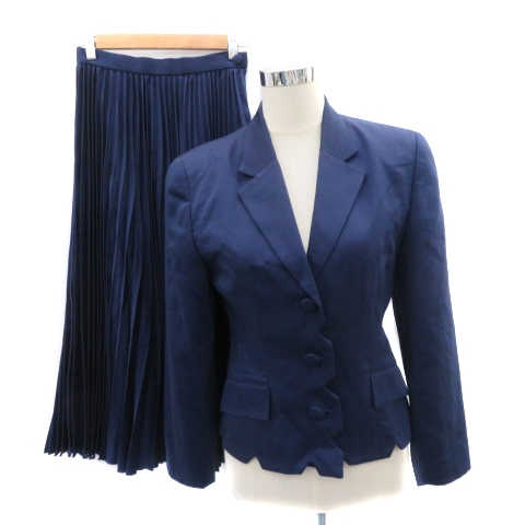 ドミニクデュマ フォーマル セットアップ 上下 テーラードジャケット 総裏地 シングルボタン プリーツスカート ロング M 紺 レディース拍卖