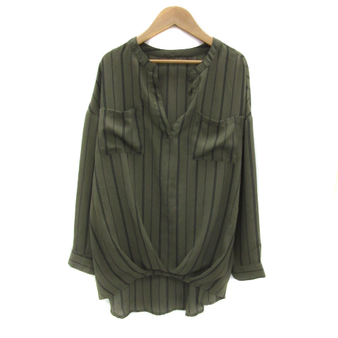 アズノウアズ as know as チュニック ブラウス 長袖 スリットネック ストライプ柄 F カーキ 黒 ブラック /YS6 レディース拍卖