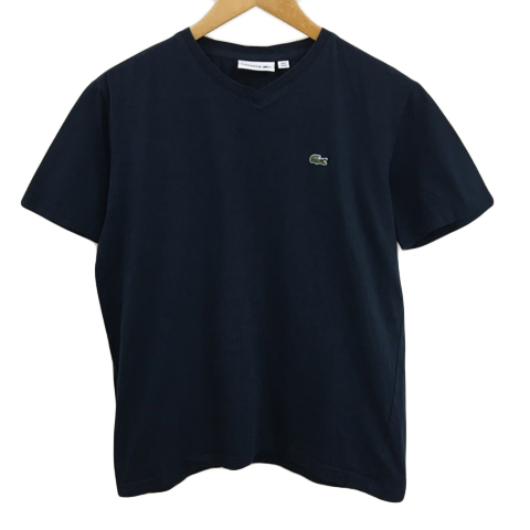 ラコステ LACOSTE カットソー Tシャツ Vネック ロゴ 刺繍 半袖 US M 紺 ネイビー メンズ拍卖