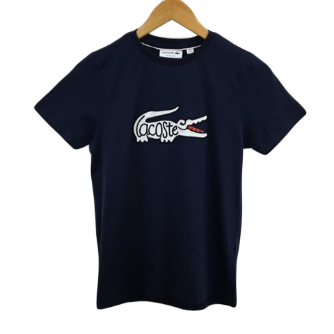 ラコステ LACOSTE カットソー Tシャツ ラウンドネック プルオーバー ロゴ 半袖 S 紺 白 ネイビー ホワイト メンズ拍卖